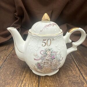 Lefton Tea Pot 50th Anniversary Excellent 7 1/2" Tall Label Intact Vintage China